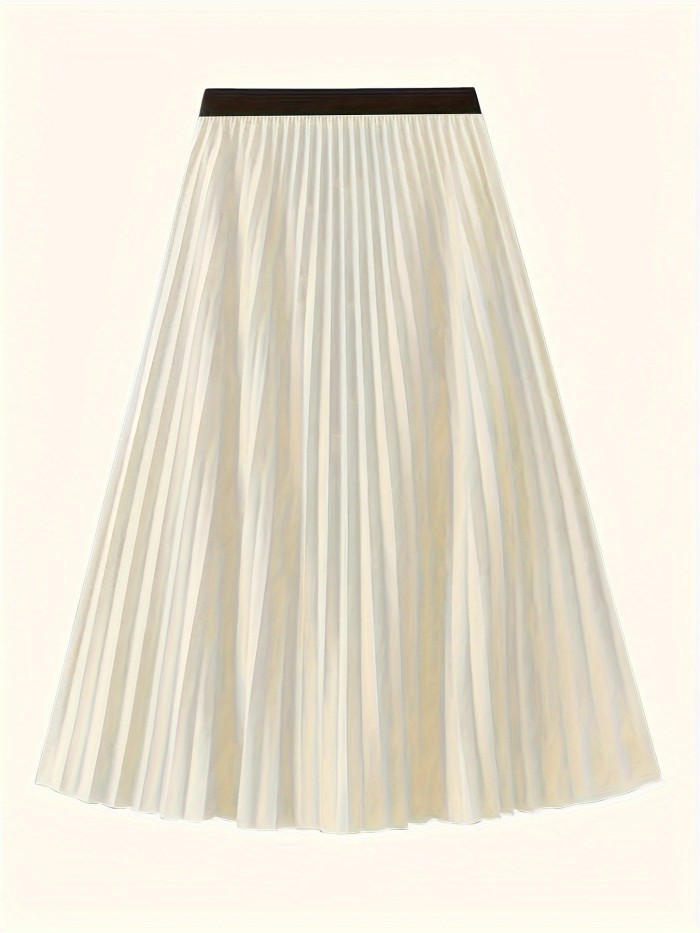 Elegant Solid Color Midi Skirt - Pleated, Mid-Elasticity, Polyester Fabric, Woven, No Printing, Spring\u002FSummer\u002FFall Essential - Casual, Comfortable, and Versatile Womens Clothing