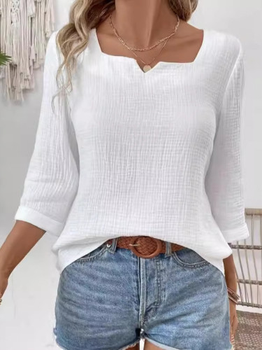 Long Sleeves Loose See-Through Solid Color Split-Joint Square-Neck Blouses&Shirts Tops