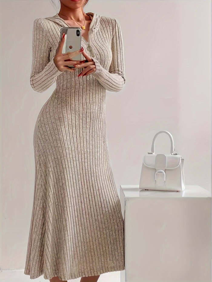 Elegant Hooded Bodycon Dress for Women - Stretchy, Slimming Knit with Long Sleeves & Zip Detail, Machine Washable