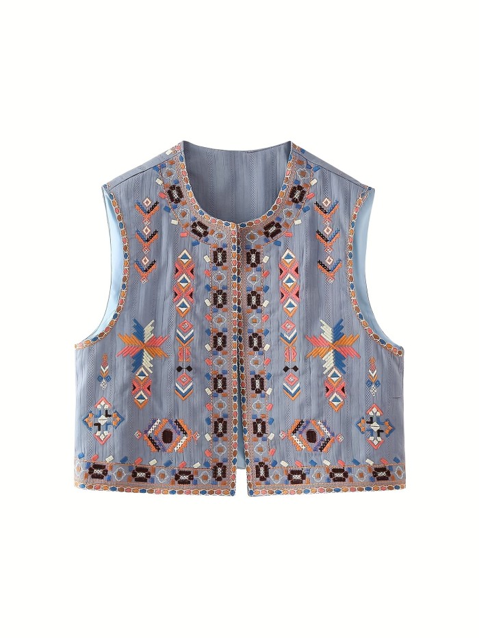 Embroidered Floral Polyester Vest for Adults - Casual Crew Neck Woven Vest with Embroidery Details, All-Season Style CT00889CC