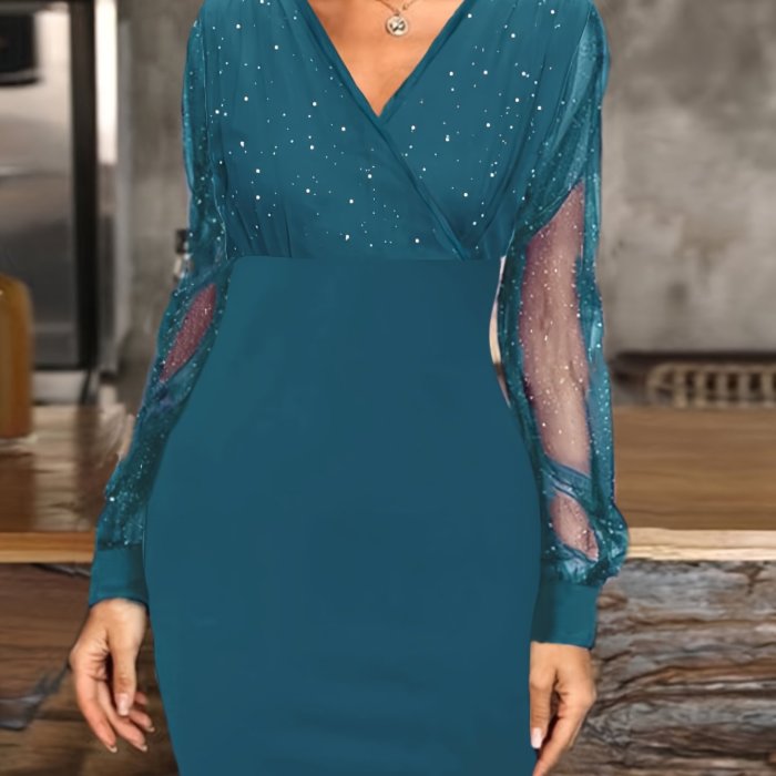 Stunning Long Sleeve Lace Party Dress - Elegant Solid Sequin Stitching, Mesh Fabric, Slim-Fit, Sexy Design, Women's Clothing for Formal Occasions
