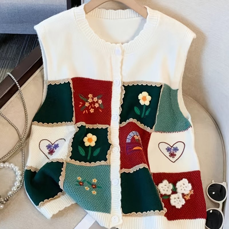 Chic Japanese-Inspired Embroidered Knit Vest - Sleeveless, Round Neck, Perfect for Layering - Polyester, Hand Wash\u002FDry Clean