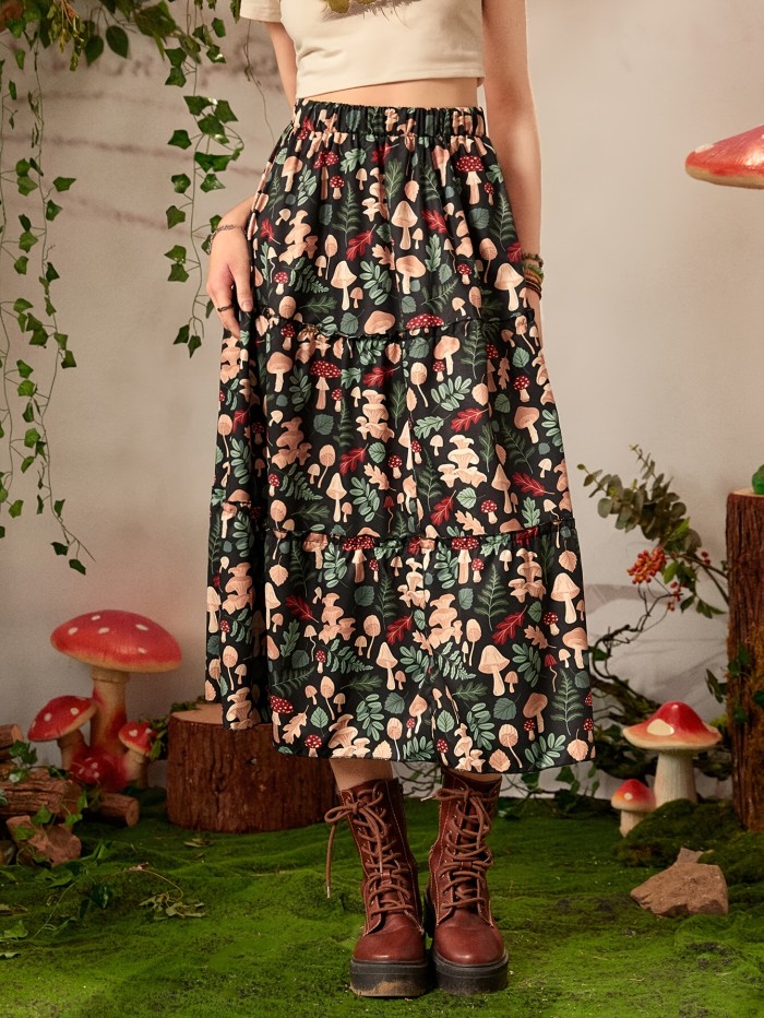 Vibrant Mushroom Print Elastic Waist A-Line Skirt - Women's Elegant Spring & Summer Clothing - Comfortable, Flowy, and Flattering Design for Various Body Types