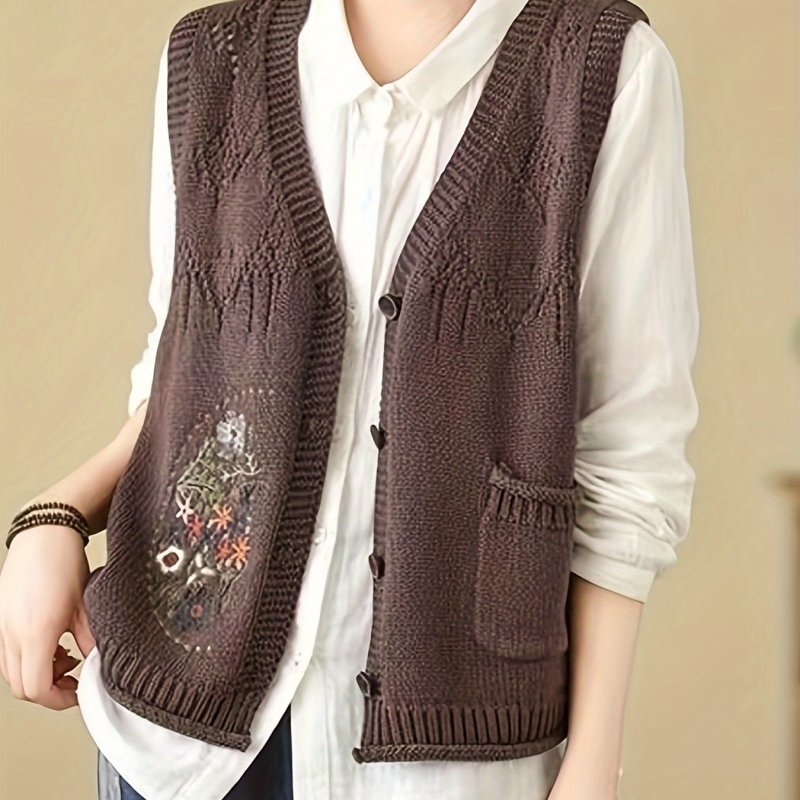 Elegant Embroidered Tribal Knit Vest for Women - Polyester V-Neck Sleeveless Cardigan with Placket, All-Season Wear
