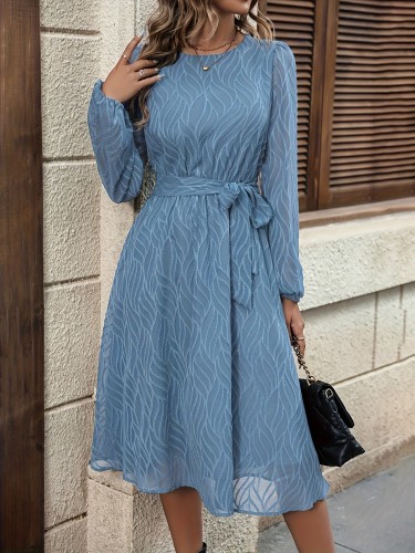 Elegant Solid Color Tie-Waist Dress for Women - Crew Neck, Long Sleeve, Polyester - Perfect for Spring & Fall