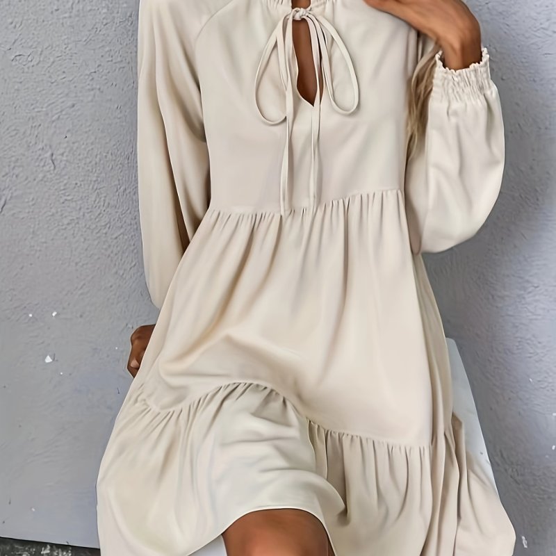 Elegant Solid Color V-Neck Dress with Tie Detail - Polyester, Machine Washable - Perfect for All Seasons