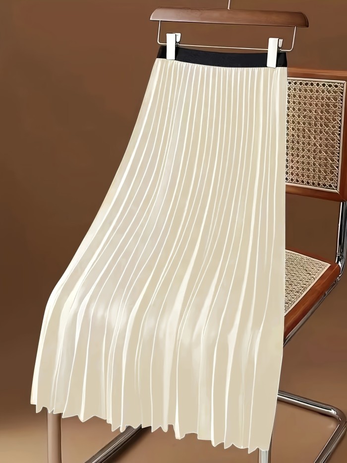 Elegant Solid Color Midi Skirt - Pleated, Mid-Elasticity, Polyester Fabric, Woven, No Printing, Spring\u002FSummer\u002FFall Essential - Casual, Comfortable, and Versatile Womens Clothing