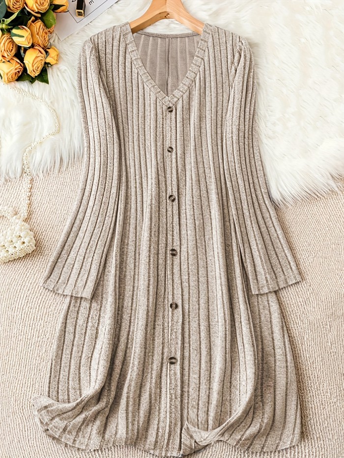 Stylish Plus Size V Neck Ribbed Dress - Plus Size Dresses for Fall & Winter - Long Sleeve, Button Front, Casual, Comfortable, and Flattering