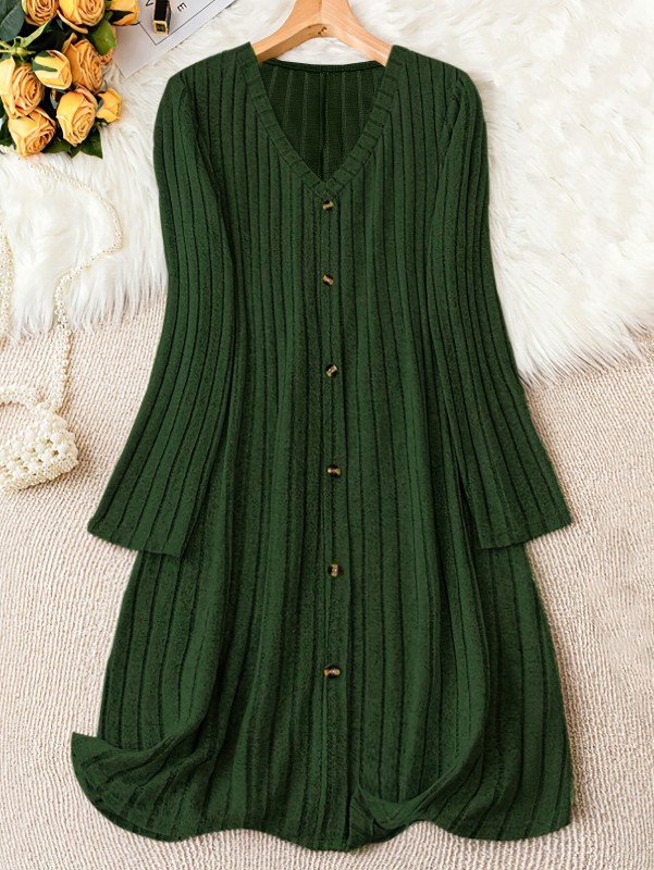 Stylish Plus Size V Neck Ribbed Dress - Plus Size Dresses for Fall & Winter - Long Sleeve, Button Front, Casual, Comfortable, and Flattering
