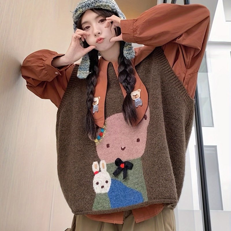 Chic Embroidered Cartoon Knit Vest - Sleeveless, Loose Fit for Women | Perfect for Fall\u002FWinter