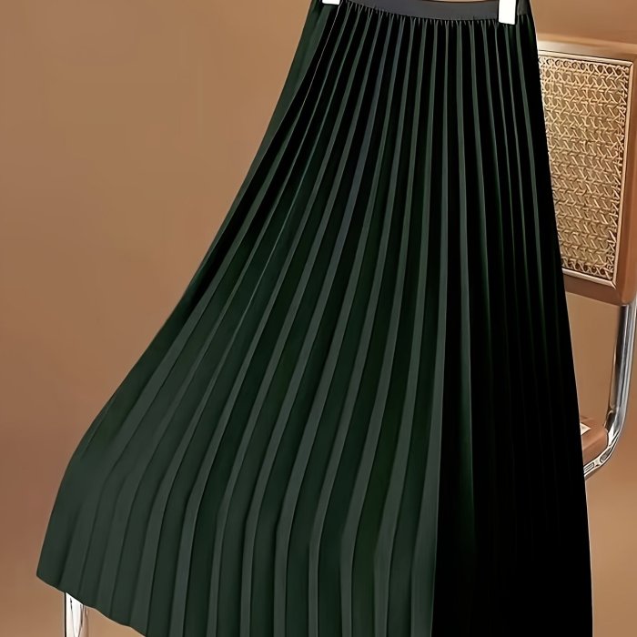 Elegant Solid Color Midi Skirt - Pleated, Mid-Elasticity, Polyester Fabric, Woven, No Printing, Spring\u002FSummer\u002FFall Essential - Casual, Comfortable, and Versatile Womens Clothing