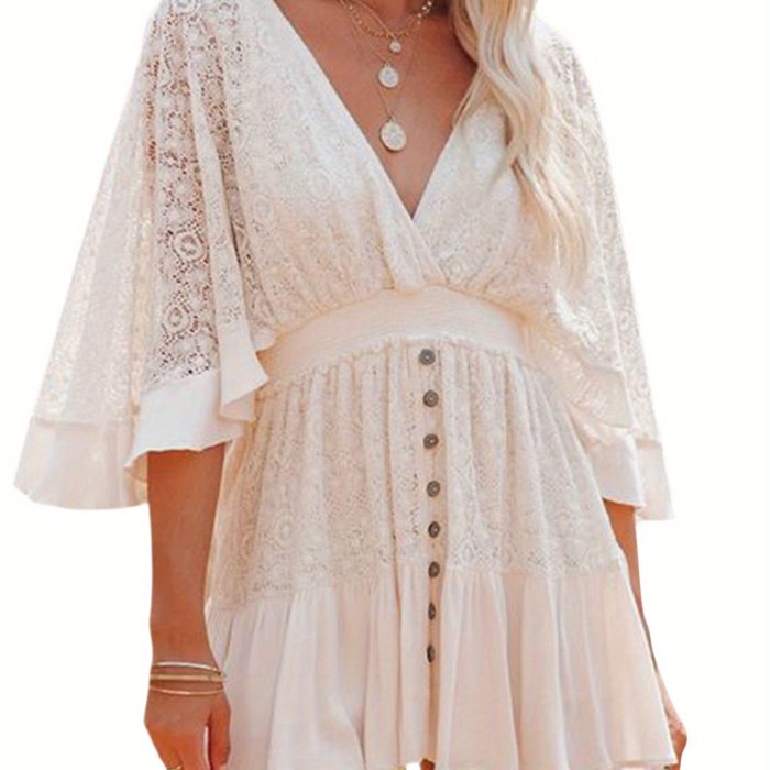 Women Boho Dress, Middle Flared Sleeves V-neck Button Decoration Cake Beach Long Skirt