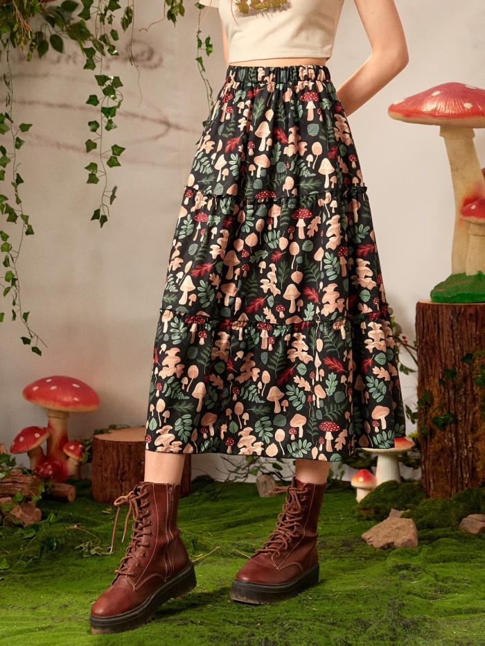Vibrant Mushroom Print Elastic Waist A-Line Skirt - Women's Elegant Spring & Summer Clothing - Comfortable, Flowy, and Flattering Design for Various Body Types