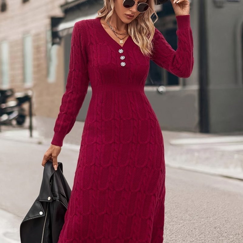 Cable Knit V Neck Dress, Casual Solid Button Front Long Sleeve Sweater Dress For Spring & Fall, Women's Clothing
