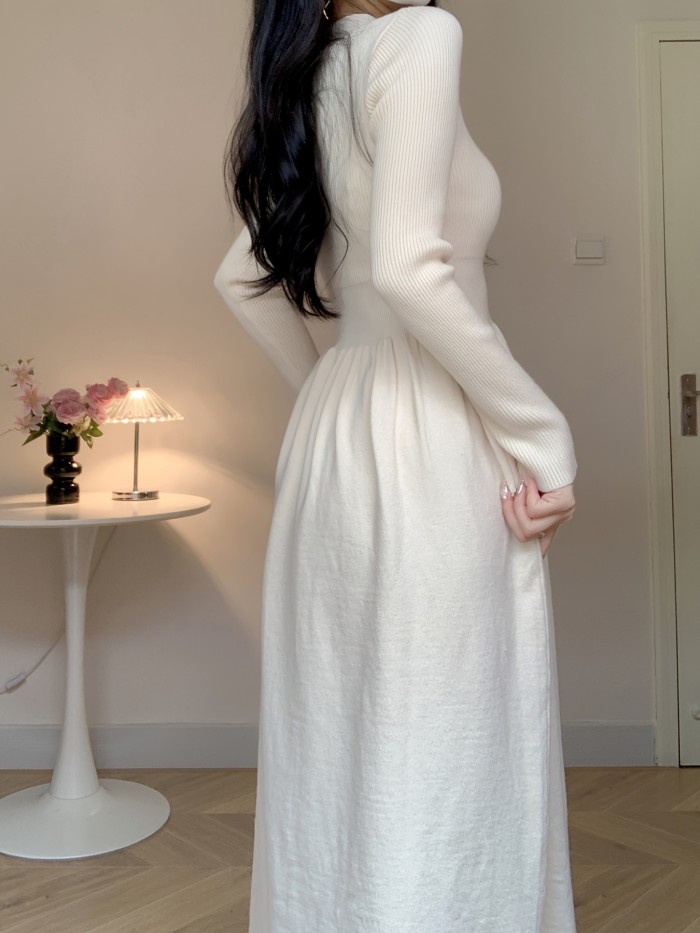 Chic A-Line Knit Dress - Button Front, V Neck, Long Sleeve, Solid Color, Perfect for Fall and Winter, Women's Clothing