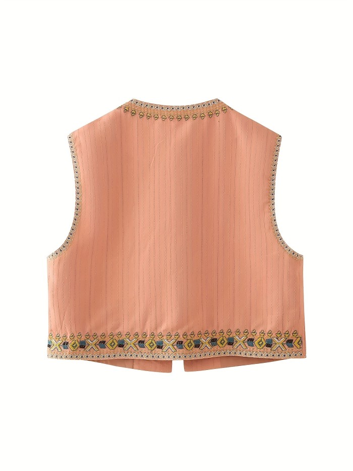 Embroidered Floral Polyester Vest for Adults - Casual Crew Neck Woven Vest with Embroidery Details, All-Season Style CT00889CC