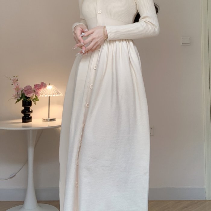 Chic A-Line Knit Dress - Button Front, V Neck, Long Sleeve, Solid Color, Perfect for Fall and Winter, Women's Clothing