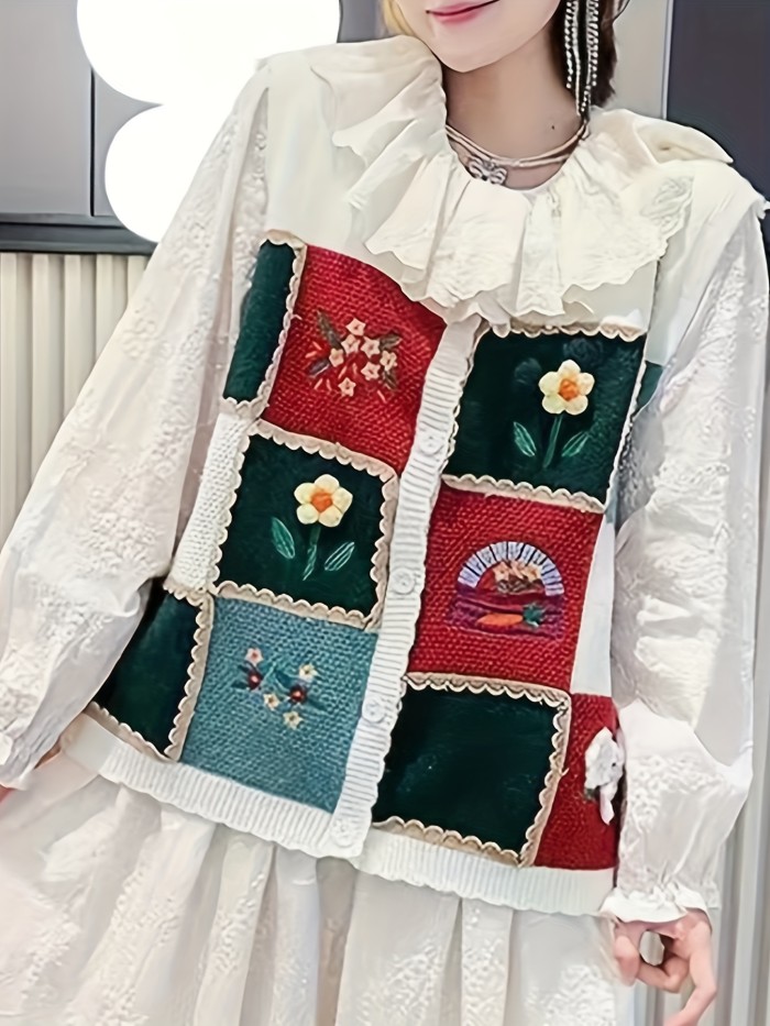 Chic Japanese-Inspired Embroidered Knit Vest - Sleeveless, Round Neck, Perfect for Layering - Polyester, Hand Wash\u002FDry Clean