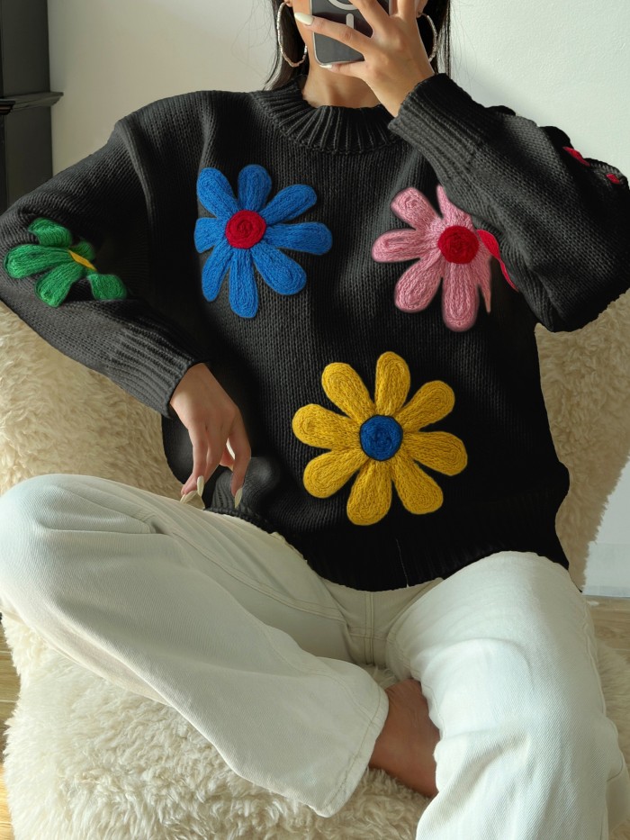 Cozy Floral Crew Neck Pullover Sweater - Women's Casual Long Sleeve Fall Winter Sweater for Daily Wear - Soft, Warm, and Comfortable Clothing for Ladies