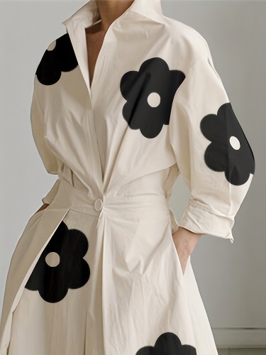 Stunning Floral Midi Shirt Dress - Women's Dresses with Long Sleeves, Loose Fit, Contrast Color, Pleated Design, Tied Waist, and Lapel Detail - Perfect for Casual Occasions
