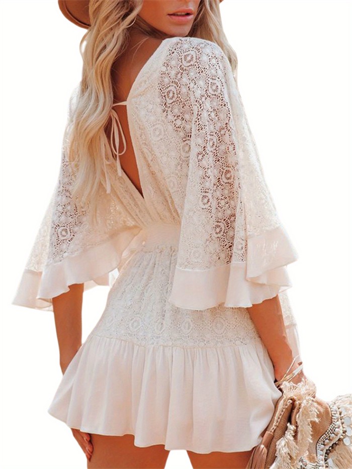 Women Boho Dress, Middle Flared Sleeves V-neck Button Decoration Cake Beach Long Skirt