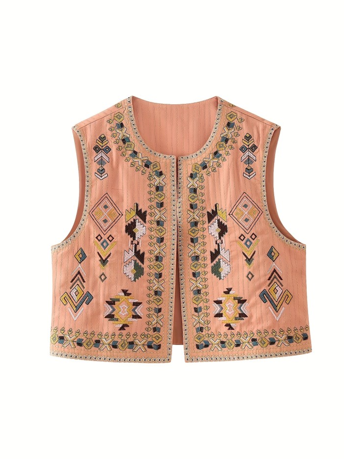 Embroidered Floral Polyester Vest for Adults - Casual Crew Neck Woven Vest with Embroidery Details, All-Season Style CT00889CC