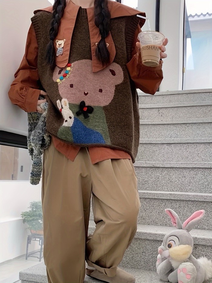 Chic Embroidered Cartoon Knit Vest - Sleeveless, Loose Fit for Women | Perfect for Fall\u002FWinter