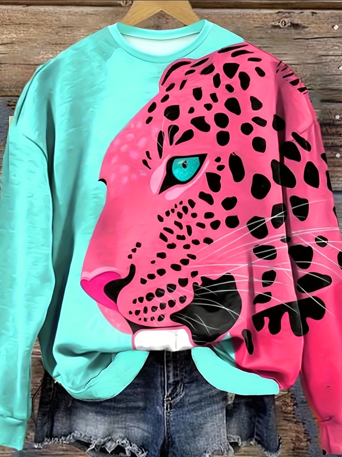 Wildly Stylish Cheetah Print Sweatshirt - Fashionable Long Sleeve Crew Neck Pullover - Lightweight & Warm, Perfect for Fall & Winter - Womens Clothing