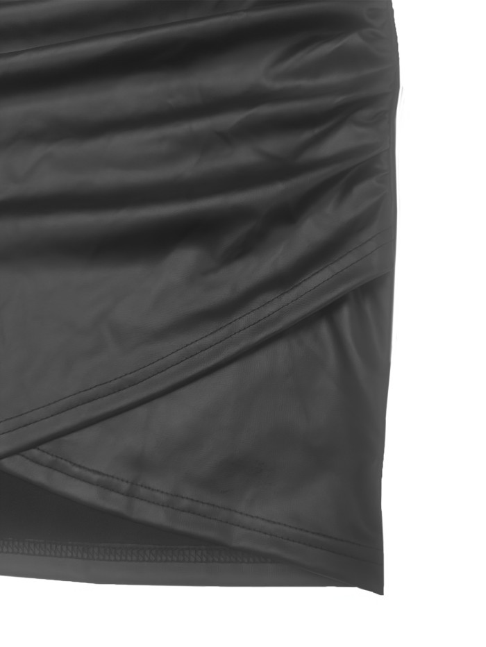 Women's Elegant Faux Leather Dress, Long Sleeve, V-Neck, Ruched Side, Tulip Hem, All-Season, Solid Color, Fitted Style, PVC\u002FPU Material