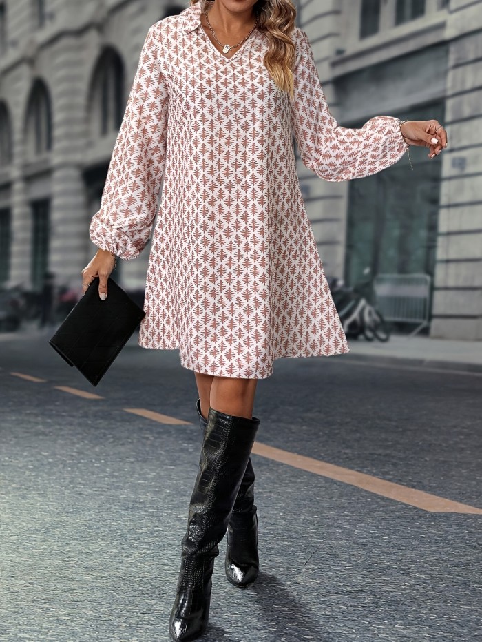 1pc Elegant V-Neck Printed Dress for Women, Polyester Blend, Loose Fit A-Line Dress with Elastic Cuffs, Spring\u002FAutumn Fashion, Adult Size