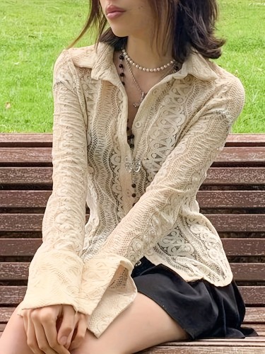 Long Sleeve Lace Button Front Blouse - Elegant Lapel Detail, Comfortable Casual Style for Daily Life - Ideal for Women in Spring and Fall Seasons