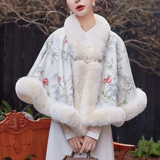 Elegant Chinese-Style Fur-Trimmed Poncho: Perfect for Special Occasions and Everyday Wear