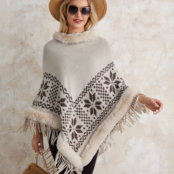 Women's Autumn Winter Poncho Sweater Plush Collar Boho Tassel Cape Knitwear Tops