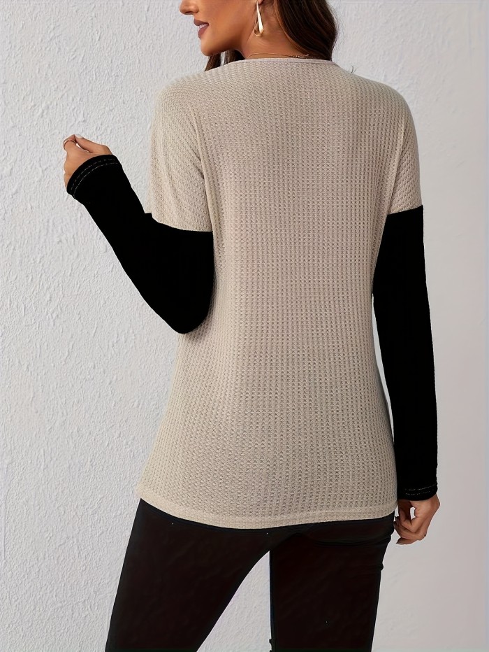 Chic Lace Trimmed Color Block Blouse - Versatile Drop Shoulder Loose Fit for Spring & Fall - Womens Casual Everyday Top