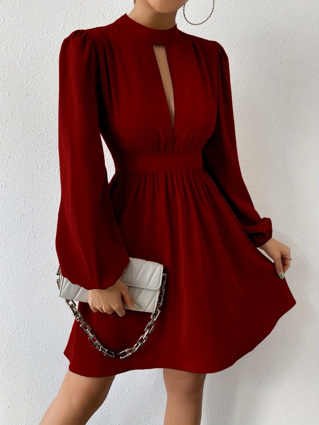 Women's Elegant A-Line Knee-Length Dress, Christmas New Year Red, Polyester, High Neck, Solid Color, Long Bell Sleeves, No Belt, Spring\u002FAutumn, A-Shape, Loose Fit, Hollow-Out Detail, Slim Fit, Woven Fabric, 220g