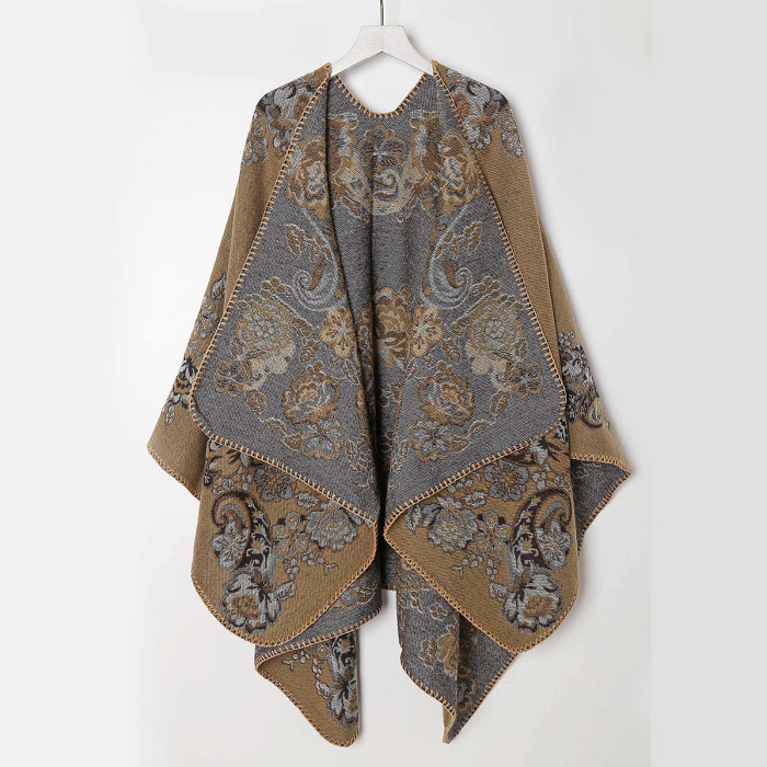 Vintage Jacquard Shawl Poncho, Elegant Casual Long Winter Warm Wrap, Trendy Blanket Scarf