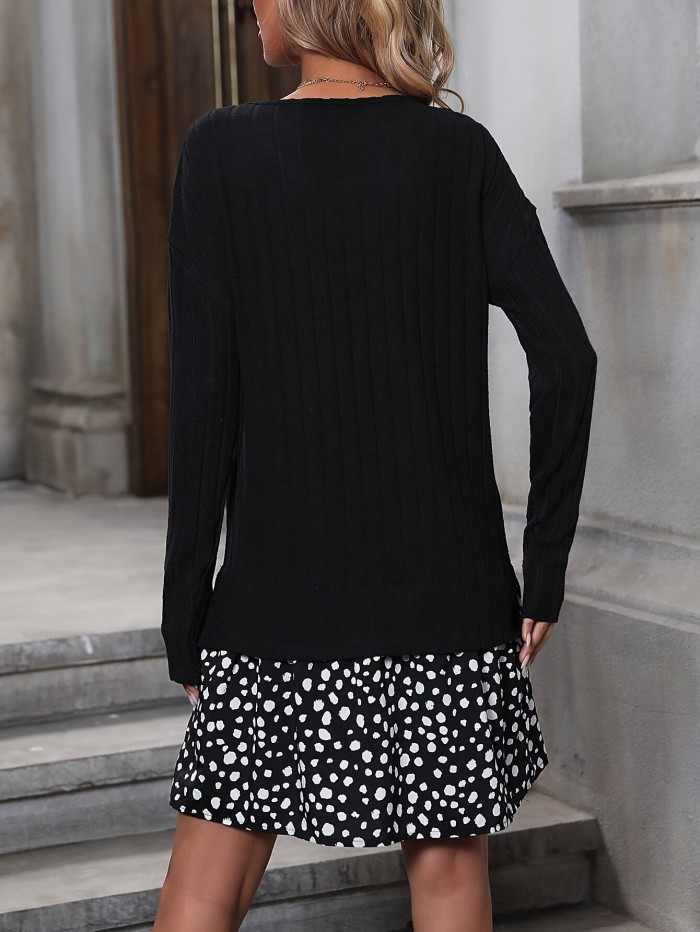 Elegant Dalmatian Print Ruffle Hem Dress - Long Sleeve, Crew Neck, Stretchy Polyester Blend - Perfect for Spring & Fall