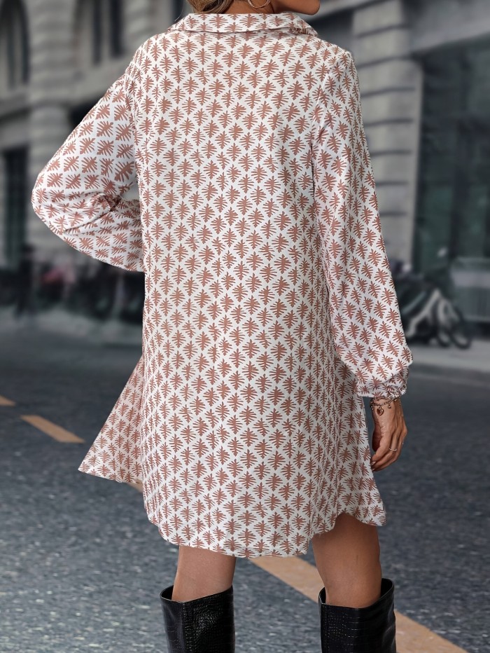 1pc Elegant V-Neck Printed Dress for Women, Polyester Blend, Loose Fit A-Line Dress with Elastic Cuffs, Spring\u002FAutumn Fashion, Adult Size