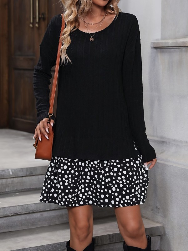 Elegant Dalmatian Print Ruffle Hem Dress - Long Sleeve, Crew Neck, Stretchy Polyester Blend - Perfect for Spring & Fall