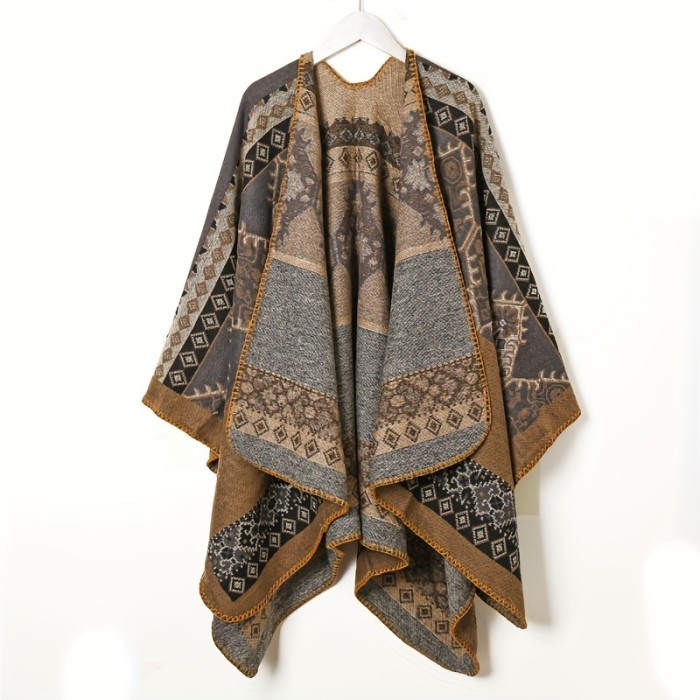 Elegant Tasseled Hooded Cape - Thick, Soft Print Shawl with Windproof Qualities - Cozy Peach Heart Pattern for Stylish Warmth, Ideal for Casual Outdoor Use