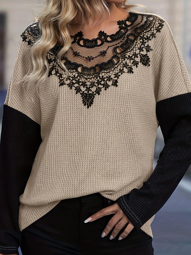 Chic Lace Trimmed Color Block Blouse - Versatile Drop Shoulder Loose Fit for Spring & Fall - Womens Casual Everyday Top