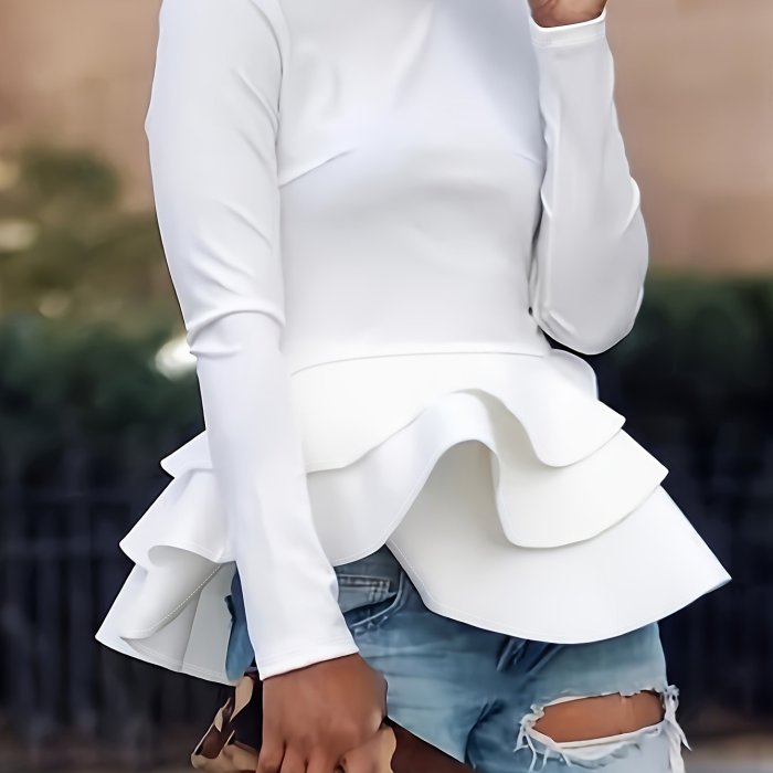 Chic Solid Hem Crew Neck Top - Timeless Elegance for Women - Warm Long Sleeves, Flattering Design - Premium Wardrobe Staple