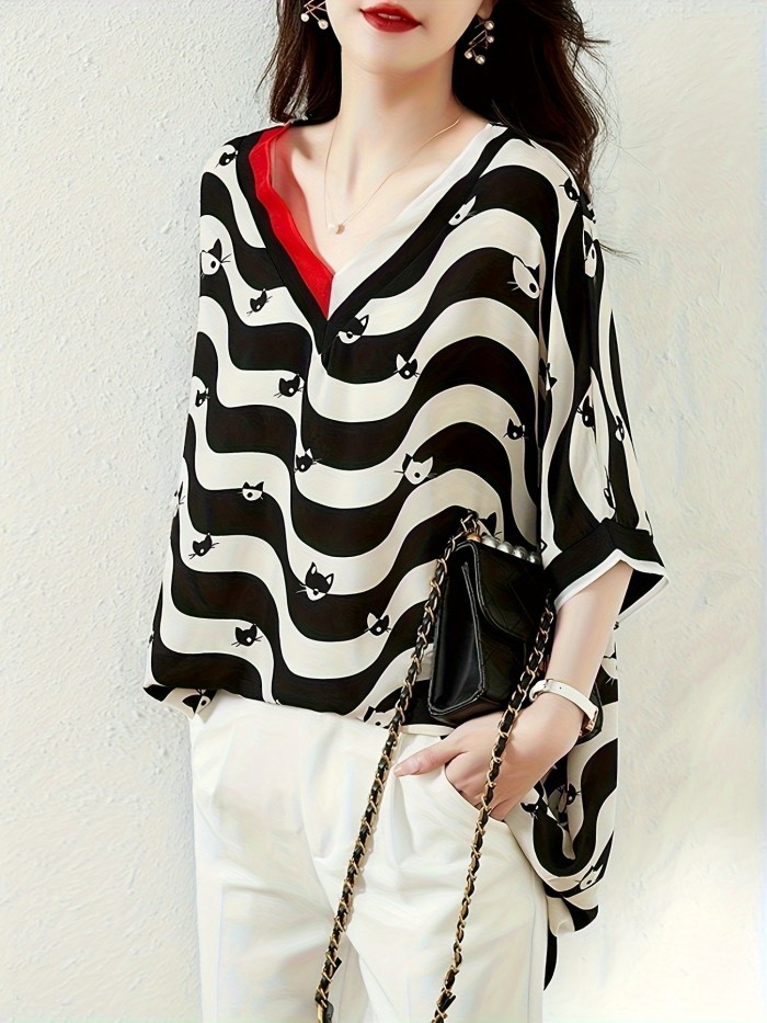 Chic Half Sleeve Cat Print Blouse - Color Block & Striped V-Neck, Asymmetrical Cut for Spring & Summer - Trendy Women's Casual Wear