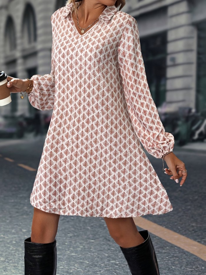 1pc Elegant V-Neck Printed Dress for Women, Polyester Blend, Loose Fit A-Line Dress with Elastic Cuffs, Spring\u002FAutumn Fashion, Adult Size