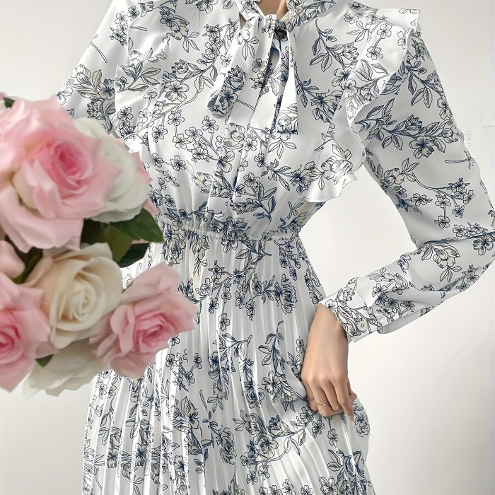 Women's Elegant Floral Print Pleated Waist Long Sleeve Dress, Polyester, Round Neck, Spring\u002FAutumn Season, Adult Fit, Woven Fabric