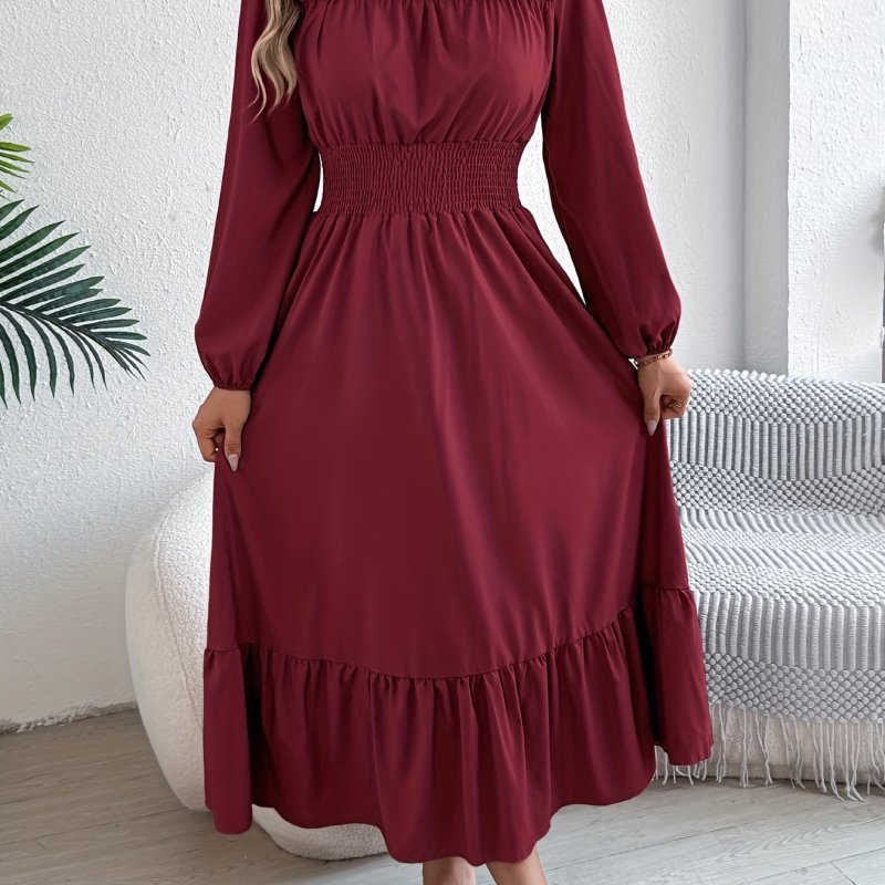 Chic Fall\u002FWinter Vacation Dress - Solid Color, Long Sleeve with Cinched Waist & Ruffle Hem, Machine Washable