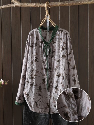 Women's Floral Frill Blouse with Tie Front - Long Sleeve Elegance for Casual or Office Wear, Breathable Fabric & Feminine Detailing