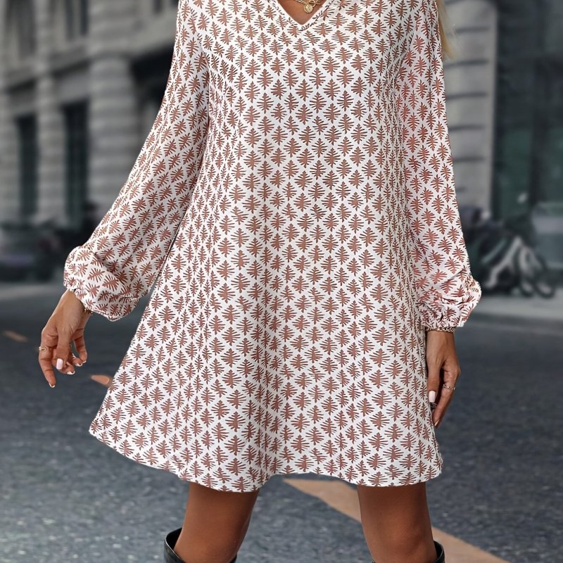 1pc Elegant V-Neck Printed Dress for Women, Polyester Blend, Loose Fit A-Line Dress with Elastic Cuffs, Spring\u002FAutumn Fashion, Adult Size