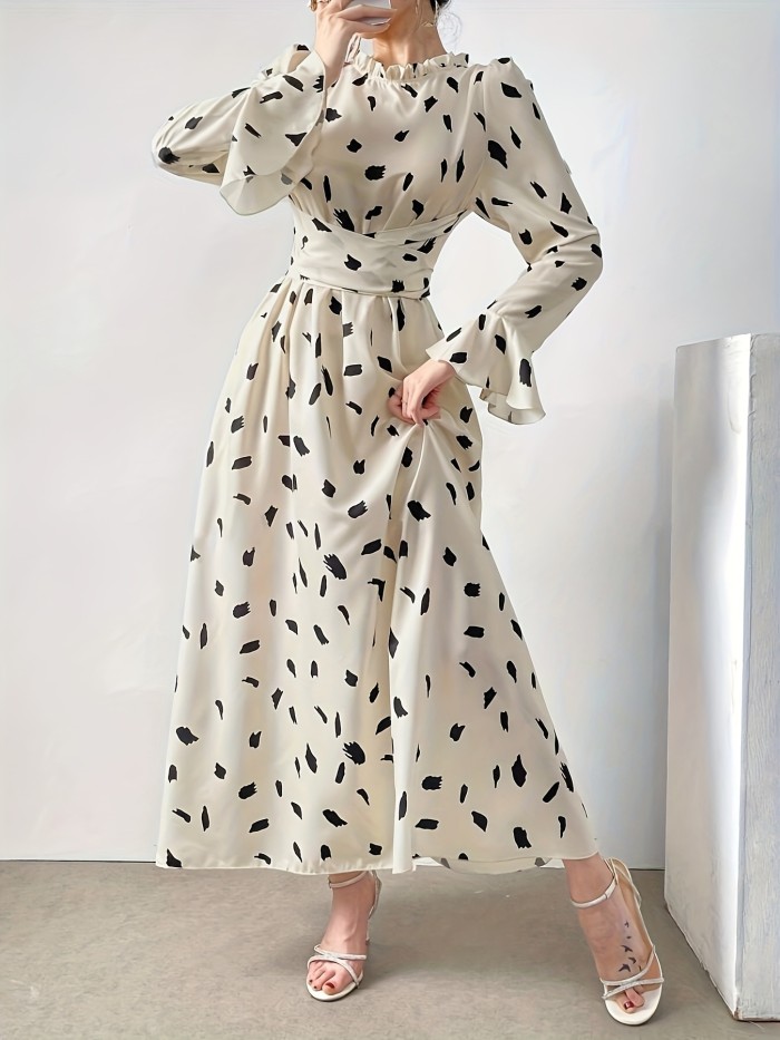 Elegant Floral Embossed Long Kaftan Dress for Women - High Neck, Non-Sheer Polyester, Machine Washable - Perfect for Spring\u002FFall