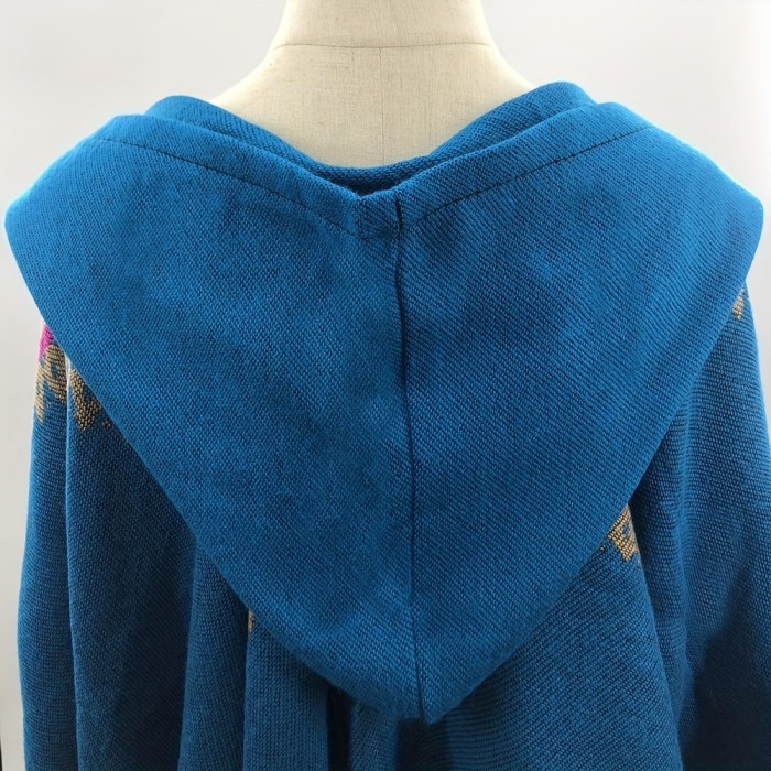 Elegant Tasseled Hooded Cape - Thick, Soft Print Shawl with Windproof Qualities - Cozy Peach Heart Pattern for Stylish Warmth, Ideal for Casual Outdoor Use